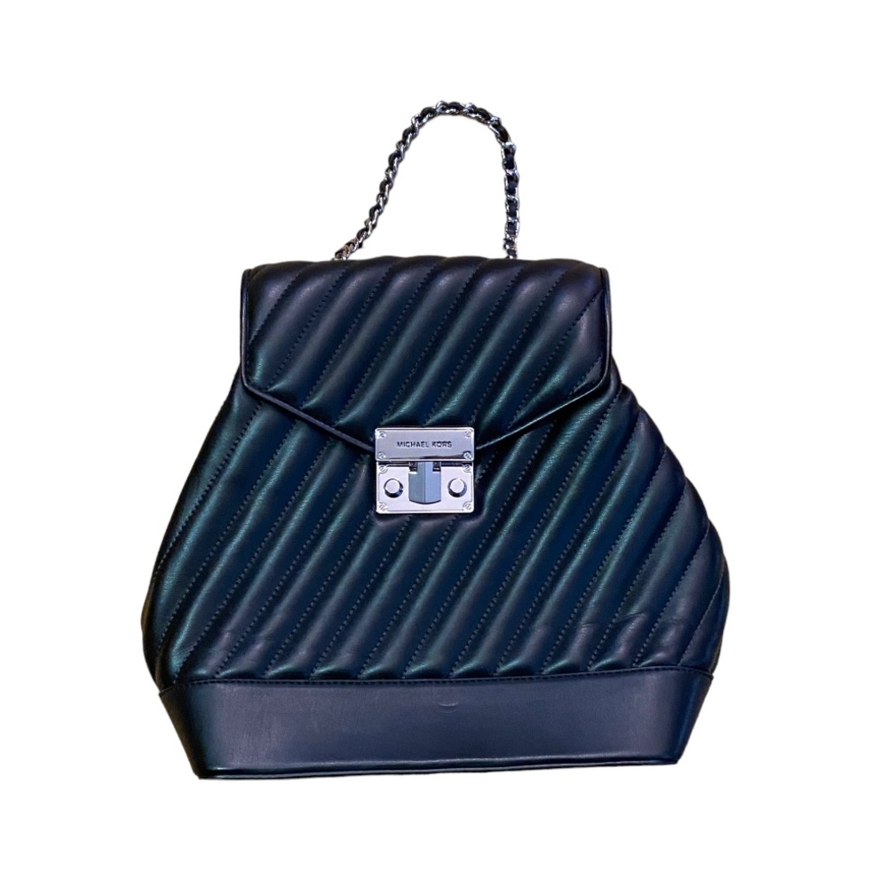 Michael Kors Rose Black Medium Chain Backpack Quilted Black Silver